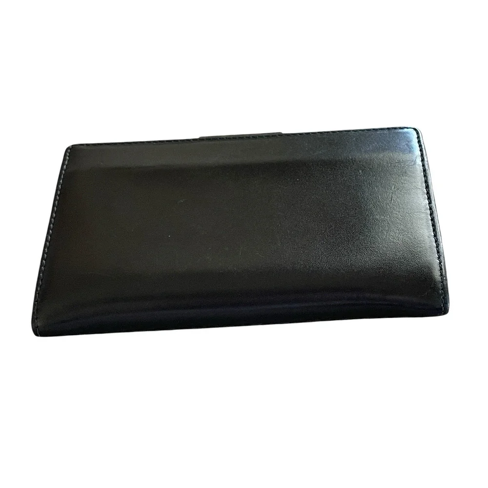COACH Small Black Smooth Leather Silver Tone Kiss Lock Accordian-Style Wallet